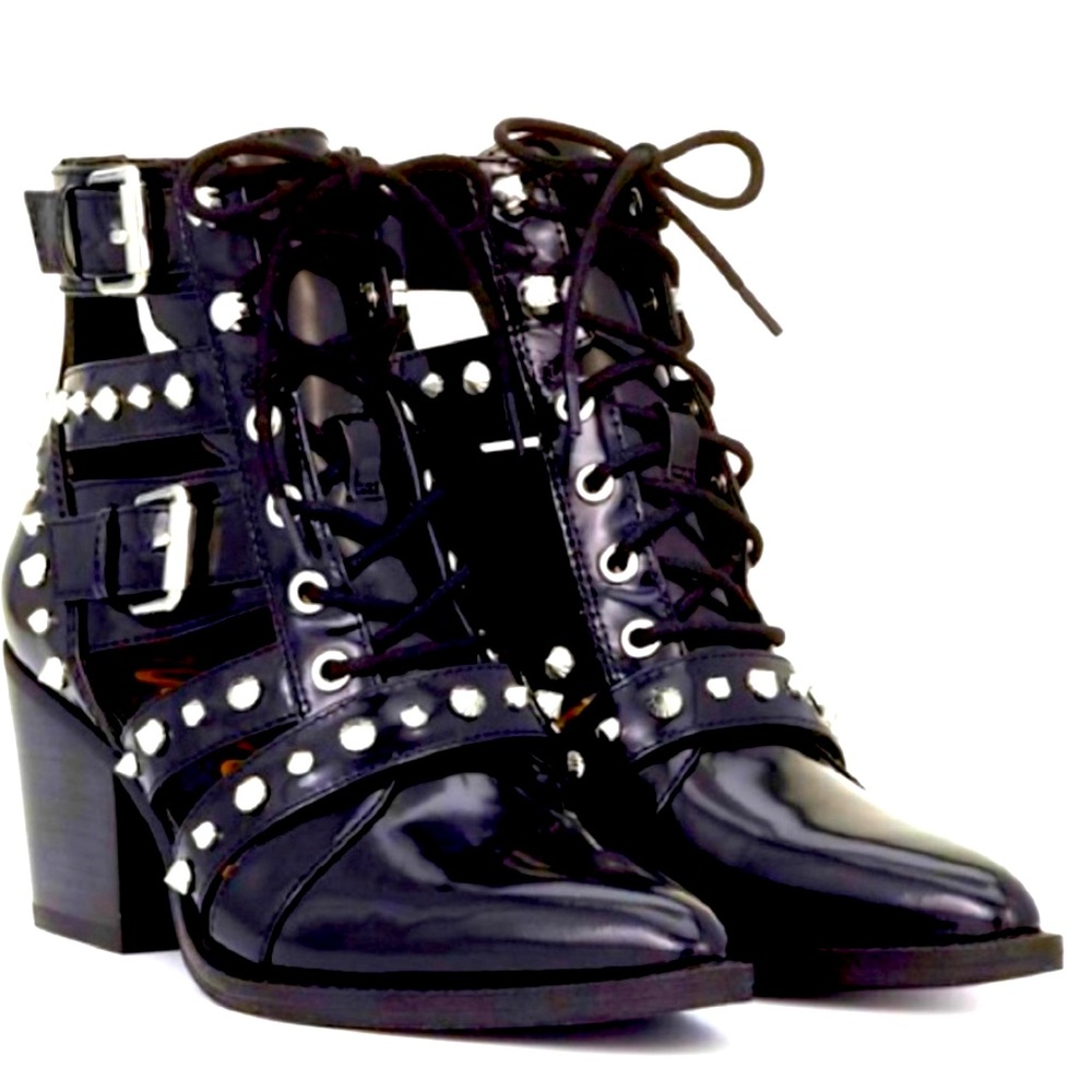 SAM EDELMAN Black Leather Elana Cut Out Studded Goth Punk Bootie Size 6.5